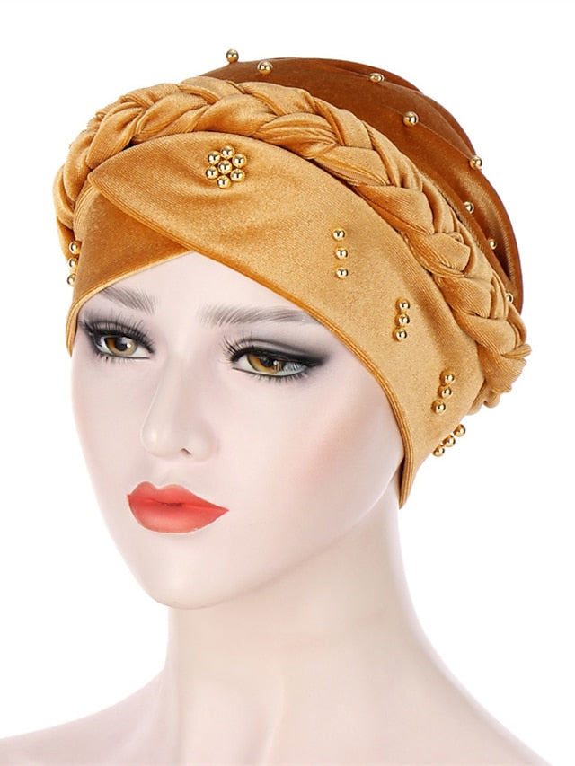 Retro Lady Women Beaded Hat Muslim Braid Head Scarf Turban Head Wrap Cover Ramadan Hair Loss Islamic Headwear Arab Fashion for Women