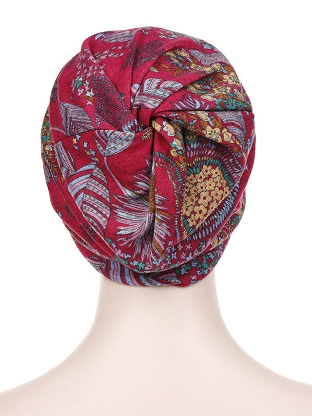 Print Beanies Hat Female Autumn Winter Cotton Baseball Hats Ponytail Vintage Warm Turban Cap Visors Caps for Women