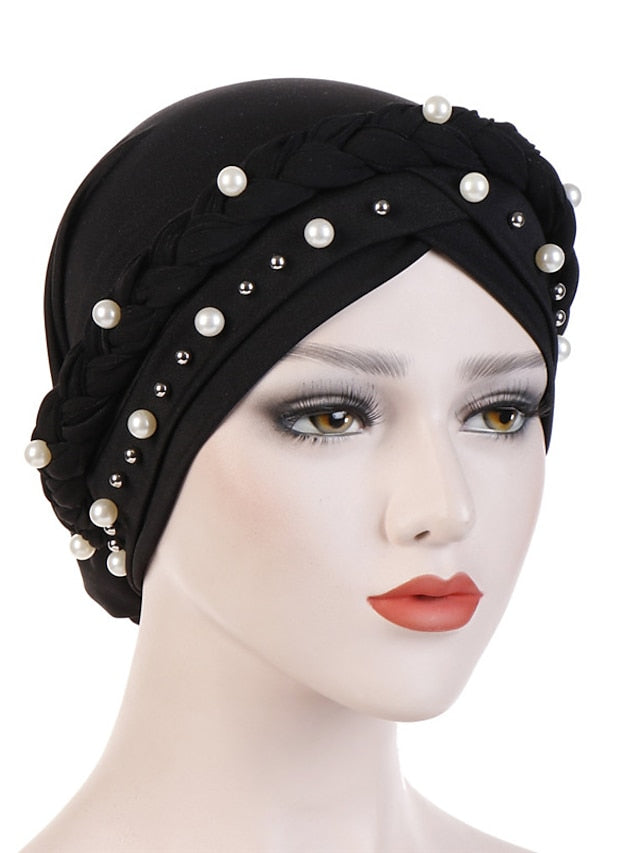 Women Fashion Pearls Muslim Scarf Hijabs Hat Women India Hat Solid Turban Hat Wrap Cap Head Scarf Headscarf Hat Female Hair Accessories for Women