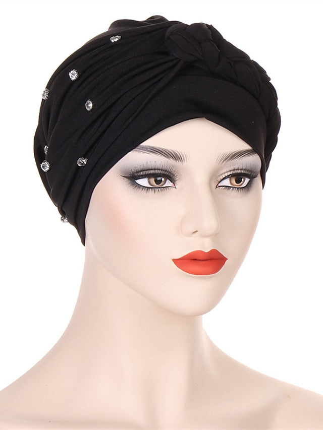 Bling Crystal with Braid Turbans For Women Muslim Turban Cap Islamic Head Wrap Indian Turbante Hat Hair Ready to Wear Hijabs for Women