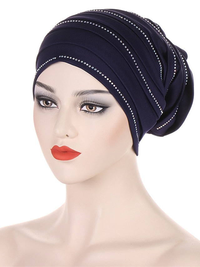 Rhinestones Pleated Turban Cap African Hat Muslim Headscarf Bonnet Ladies Head Wraps for Women