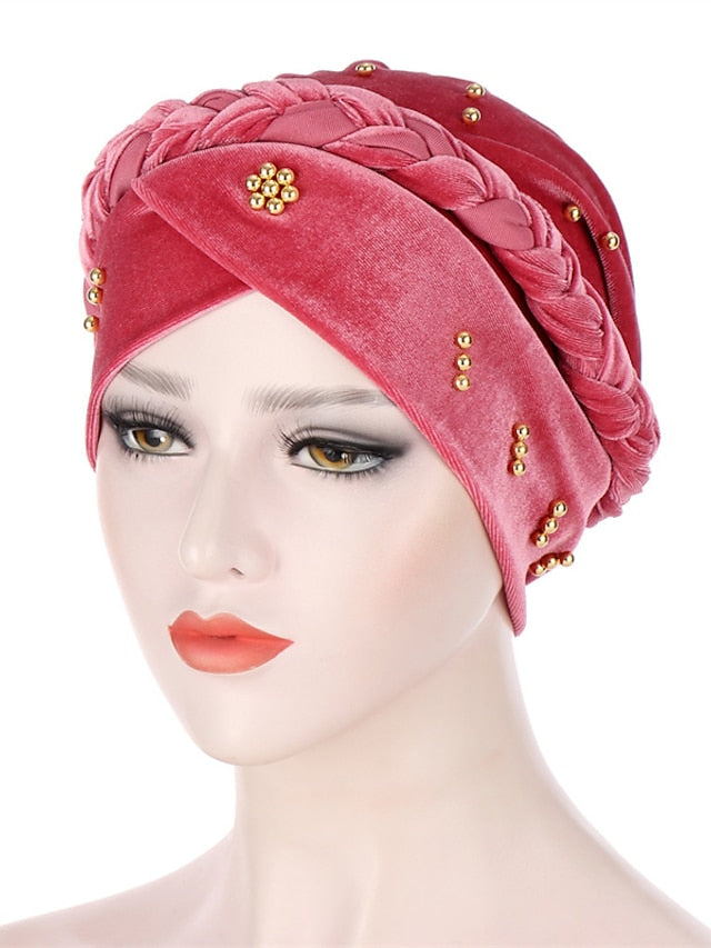 Retro Lady Women Beaded Hat Muslim Braid Head Scarf Turban Head Wrap Cover Ramadan Hair Loss Islamic Headwear Arab Fashion for Women