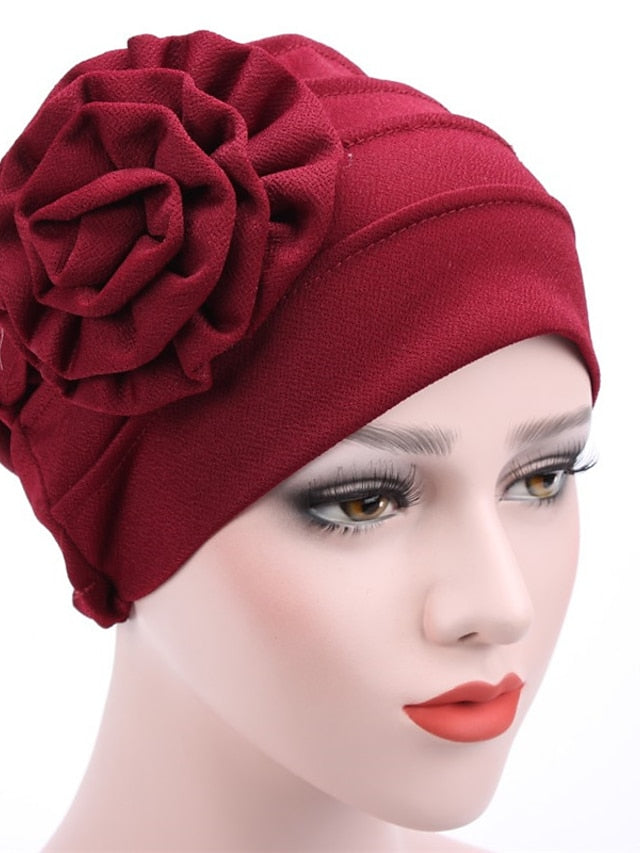 Hats Spring Summer Plain Color Floral Beanie Hat Muslim Stretch Turban Hat Cap Hair Loss Headwear Hijab Cap for Women