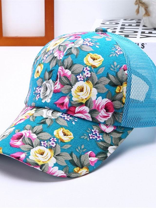 Breathable Trucker Hat Baseball Cap Sun Shade Fashion Ladies Sunscreen Floral Mesh Peaked Caps Flower Hat Sun Hat Casual Wild for Women