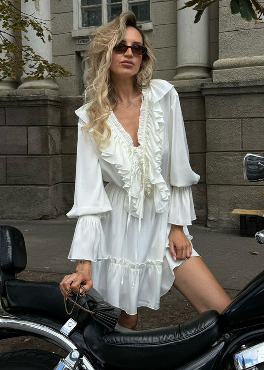 Ruffled Long-Sleeve Mini Dress – Romantic Boho Charm