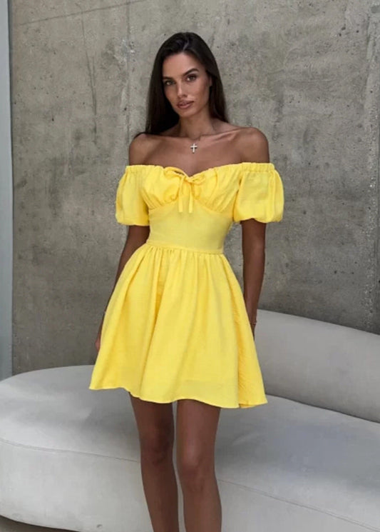 Off-Shoulder Puff Sleeve Mini Dress – Feminine & Flirty