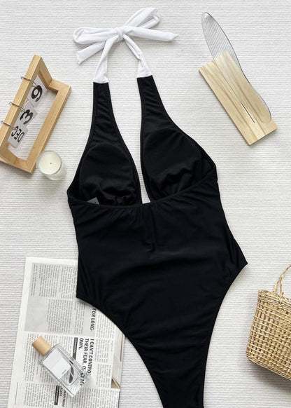 Monaco Bow - Halter Neck One Piece Swimsuit with White Front Tie