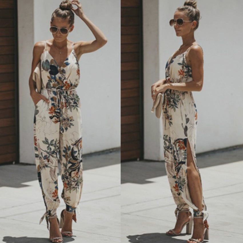 Mono de una pieza de algodón con abertura y tirantes finos, estampado, sin espalda y sexy, de verano para mujer