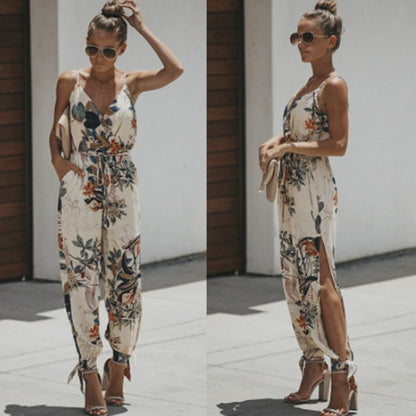 Mono de una pieza de algodón con abertura y tirantes finos, estampado, sin espalda y sexy, de verano para mujer