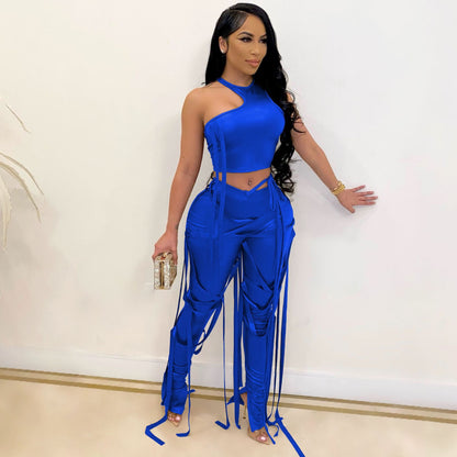Ropa de mujer, traje sexy de dos piezas, chaleco, traje con tirantes, pantalones de piel sintética, discoteca, verano