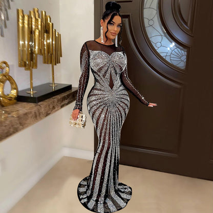 Vestido de manga larga con diamantes de imitación transparente de malla de color liso para mujer