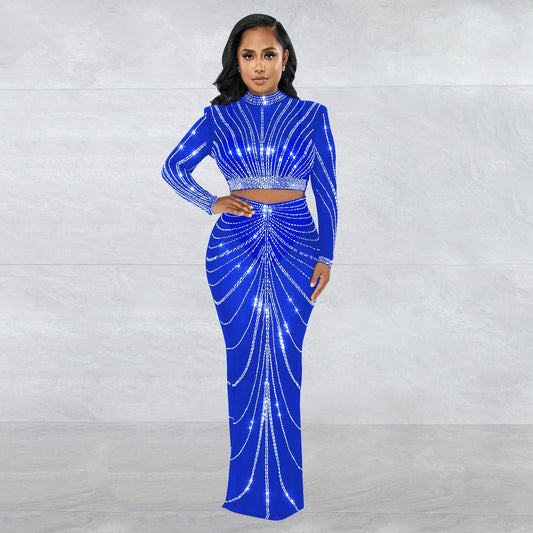 Conjunto de dos piezas de vestido de manga larga transparente con perforaciones de malla para mujer