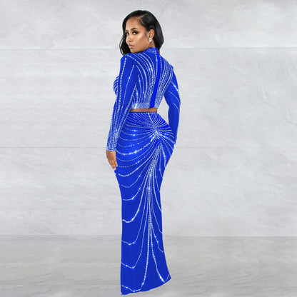 Conjunto de dos piezas de vestido de manga larga transparente con perforaciones de malla para mujer