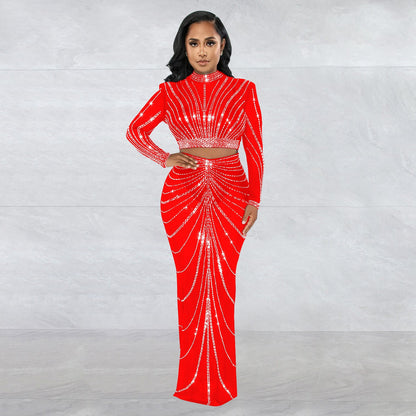 Conjunto de dos piezas de vestido de manga larga transparente con perforaciones de malla para mujer