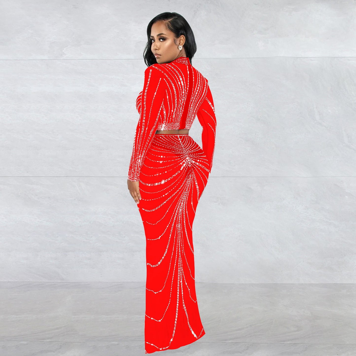 Conjunto de dos piezas de vestido de manga larga transparente con perforaciones de malla para mujer