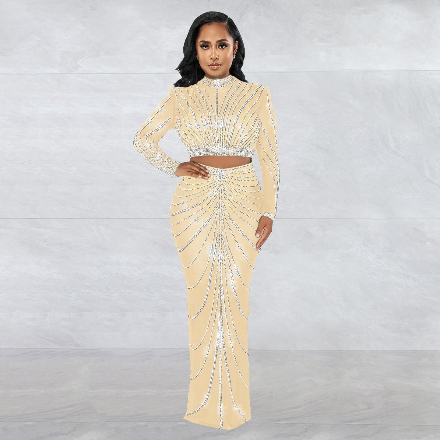 Conjunto de dos piezas de vestido de manga larga transparente con perforaciones de malla para mujer