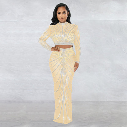 Conjunto de dos piezas de vestido de manga larga transparente con perforaciones de malla para mujer