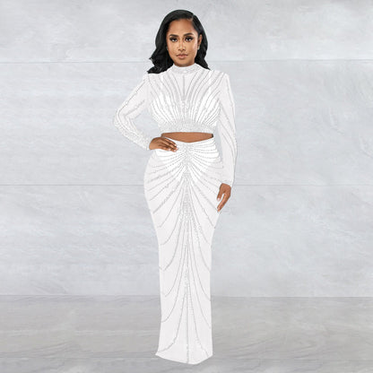 Conjunto de dos piezas de vestido de manga larga transparente con perforaciones de malla para mujer