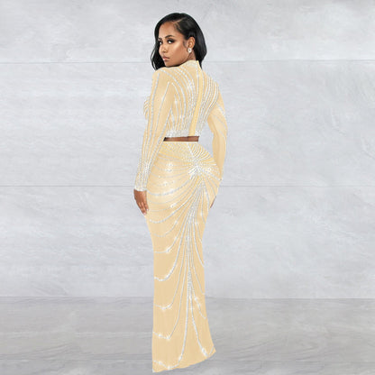 Conjunto de dos piezas de vestido de manga larga transparente con perforaciones de malla para mujer