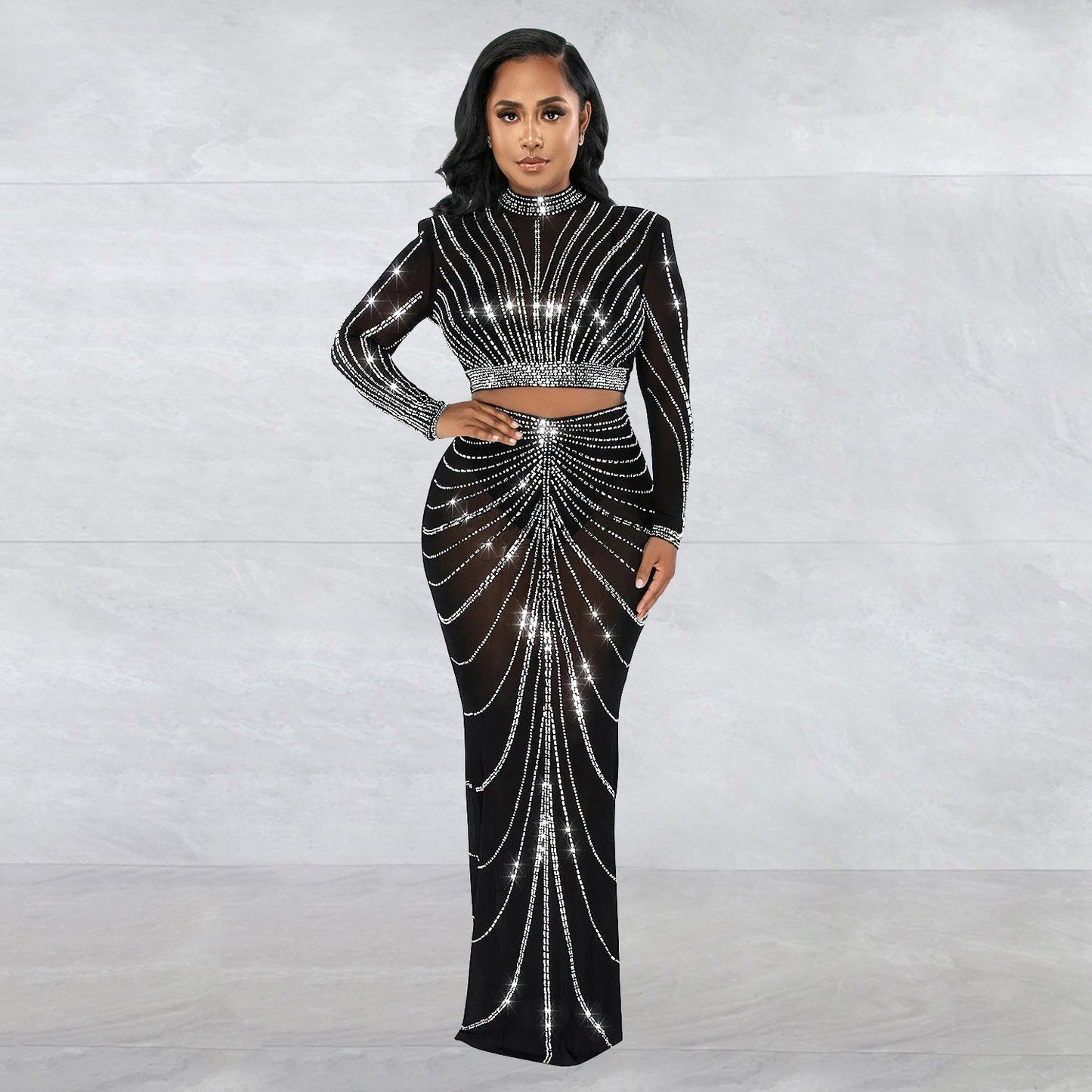 Conjunto de dos piezas de vestido de manga larga transparente con perforaciones de malla para mujer