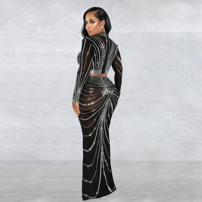 Conjunto de dos piezas de vestido de manga larga transparente con perforaciones de malla para mujer