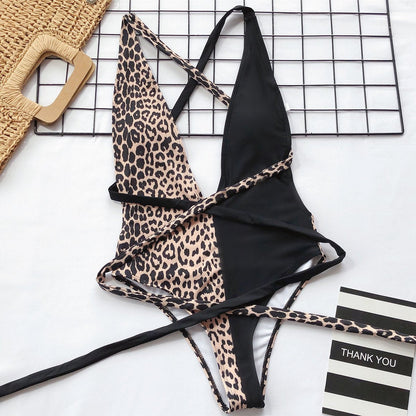 One-piece Leopard Print Hollow Strap Swimsuit