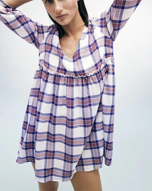 Vestido mini de manga larga estilo francés informal retro a cuadros para mujer