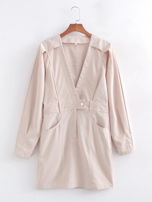 Vestido de manga larga con cuello en V y color liso para mujer de primavera