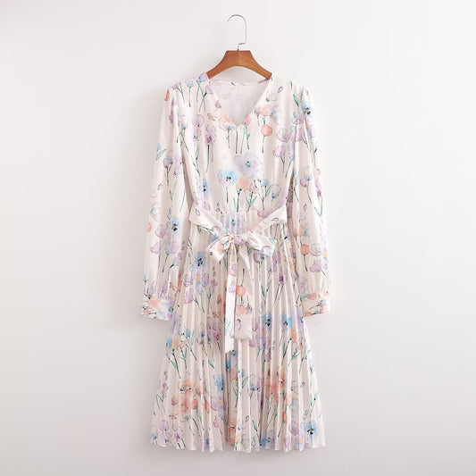 Vestido de manga larga con estampado arrugado para mujer de primavera