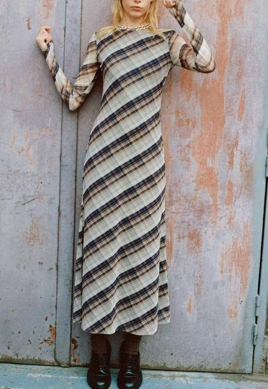 Vestido de mujer de cuello redondo, suelto, informal, a cuadros, de red de seda y manga larga