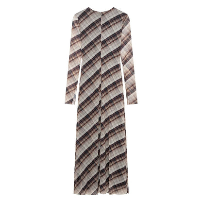 Vestido de mujer de cuello redondo, suelto, informal, a cuadros, de red de seda y manga larga