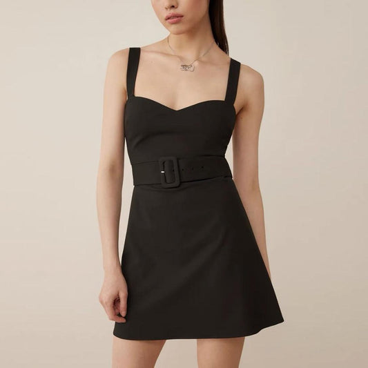 Vestido retro de primavera con escote en V, sin mangas y tirantes, diseño francés de interés especial, cintura alta con cinturón, corte en A.