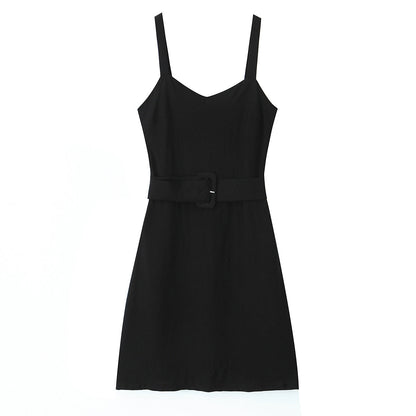 Vestido retro de primavera con escote en V, sin mangas y tirantes, diseño francés de interés especial, cintura alta con cinturón, corte en A.