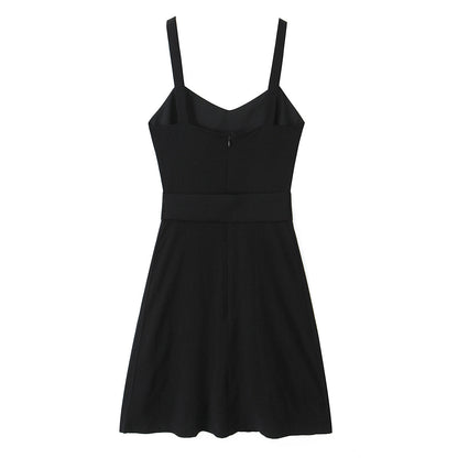 Vestido retro de primavera con escote en V, sin mangas y tirantes, diseño francés de interés especial, cintura alta con cinturón, corte en A.