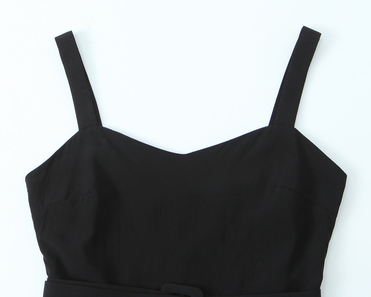 Vestido retro de primavera con escote en V, sin mangas y tirantes, diseño francés de interés especial, cintura alta con cinturón, corte en A.