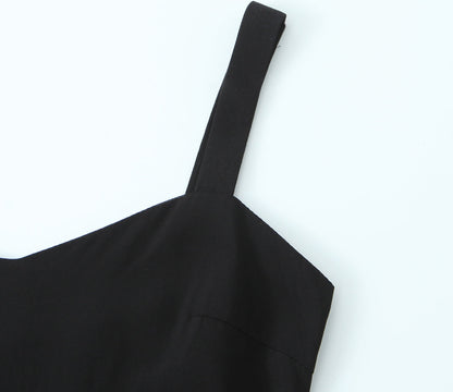 Vestido retro de primavera con escote en V, sin mangas y tirantes, diseño francés de interés especial, cintura alta con cinturón, corte en A.