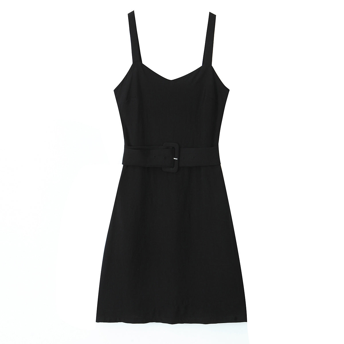 Vestido retro de primavera con escote en V, sin mangas y tirantes, diseño francés de interés especial, cintura alta con cinturón, corte en A.