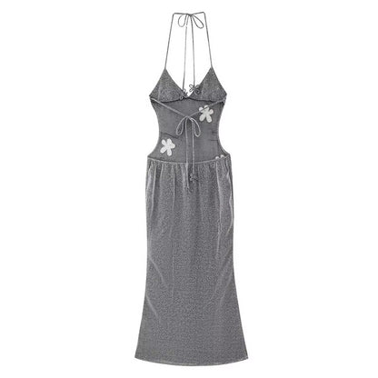 Vestido de noche microtransparente, elegante, moderno, con escote en V profundo y tirantes finos, sin espalda y ajustado para mujer