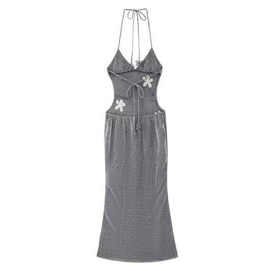 Vestido de noche microtransparente, elegante, moderno, con escote en V profundo y tirantes finos, sin espalda y ajustado para mujer