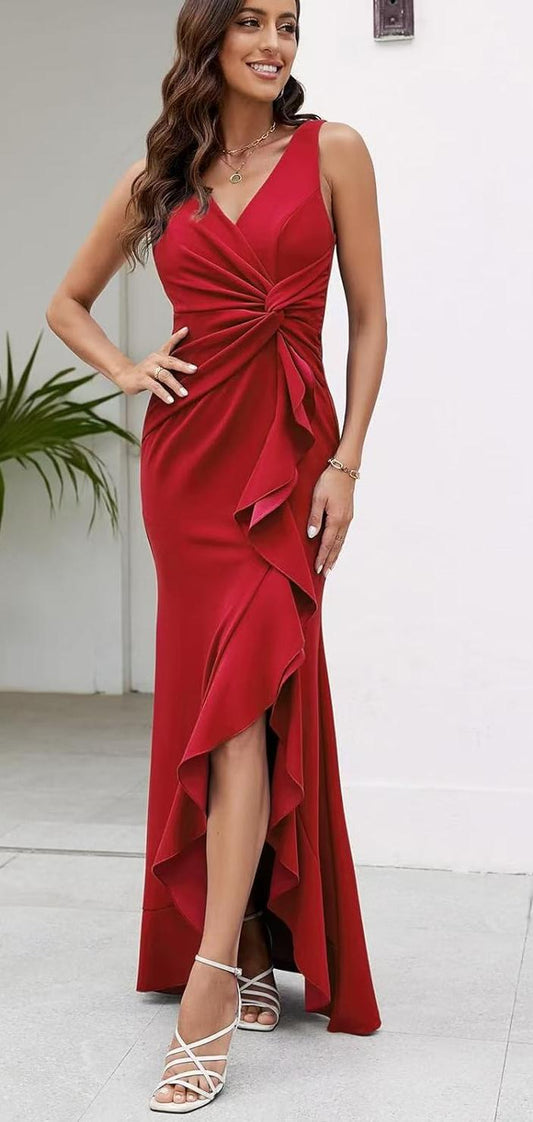 Vestido de noche largo elegante con volantes, abertura y corte entallado sin mangas y escote en V