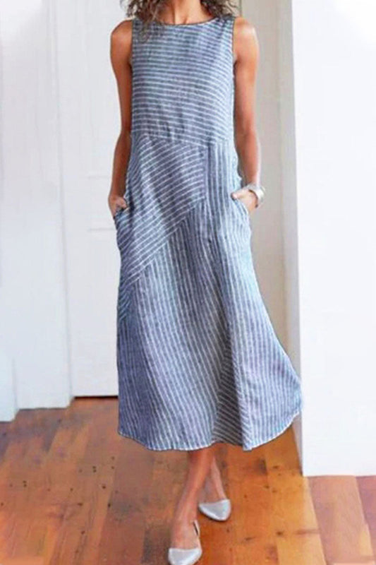 Vestidos de moda de calle con rayas y patchwork, cuello redondo, sin mangas (6 colores)