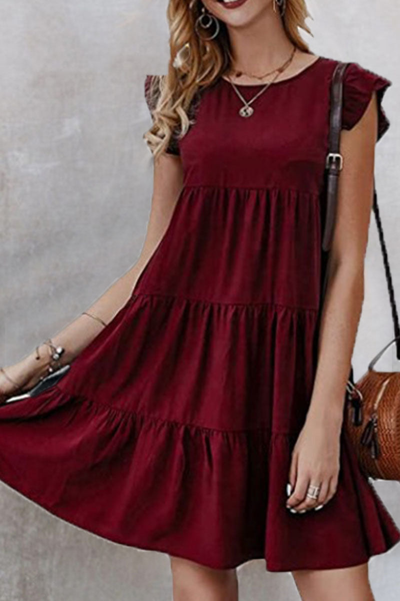 Vestidos de princesa estilo británico con cuello redondo y volantes de patchwork liso (4 colores)