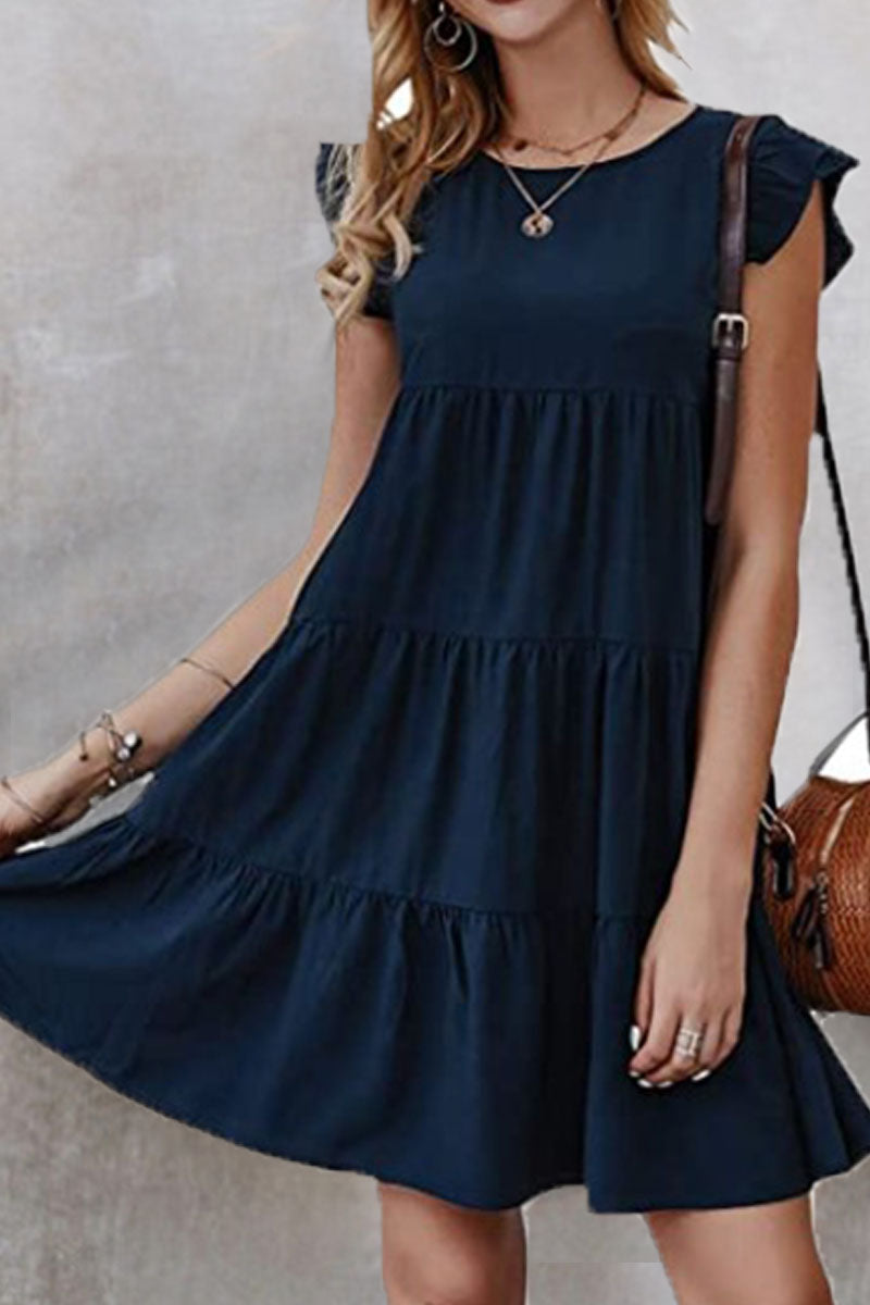 Vestidos de princesa estilo británico con cuello redondo y volantes de patchwork liso (4 colores)