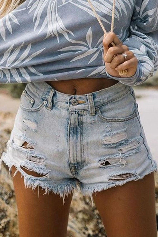 Shorts vaqueros rectos de cintura alta con rotos y estampados lisos informales