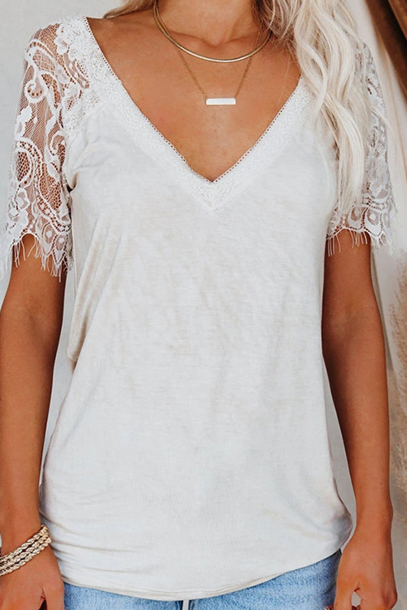 Casual Solid Patchwork V Neck T-Shirts(3 Colors)