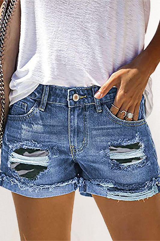 Pantalones cortos vaqueros rectos de cintura media con rotos y patchwork de moda urbana