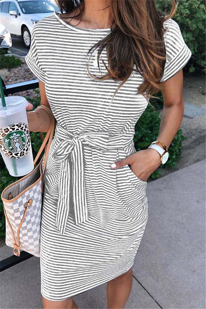Vestidos de patchwork a rayas, con mangas cortas, cuello redondo, corte A y largo hasta la rodilla (6 colores)