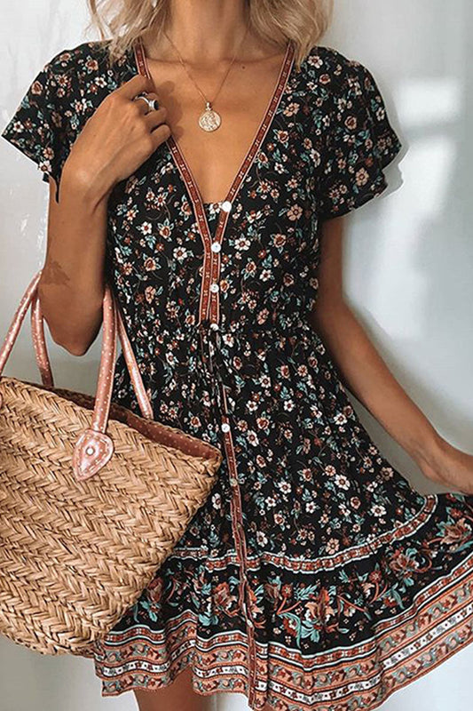 Vestidos de línea A con cuello en V y patchwork con estampado urbano de moda