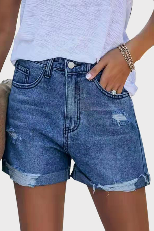 Shorts vaqueros rectos de cintura media con rotos y diseño urbano (3 colores)