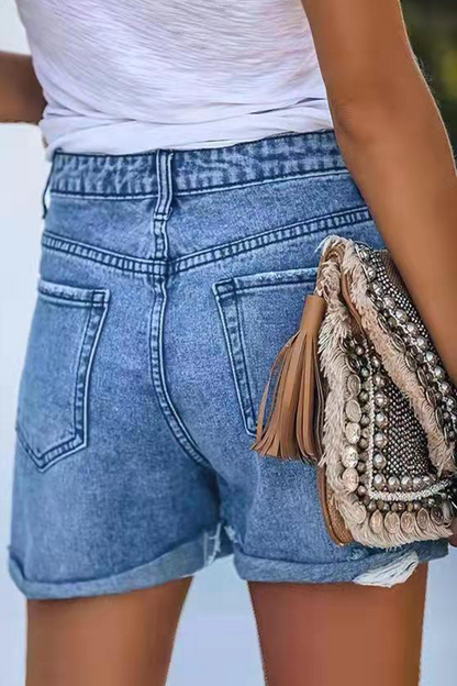 Shorts vaqueros rectos de cintura media con rotos y diseño urbano (3 colores)